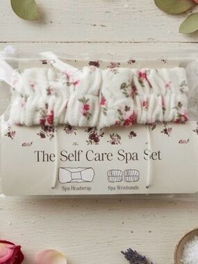 Floral Spa Headwrap and Wristbands Set - White with Pink Rose Print